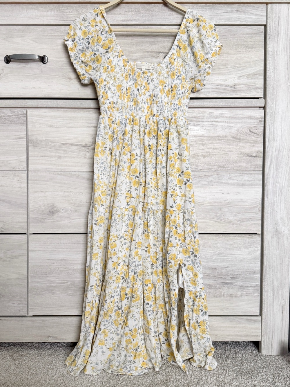 Ultra Flirt Dainty White and Yellow Smocked Floral Print Dress